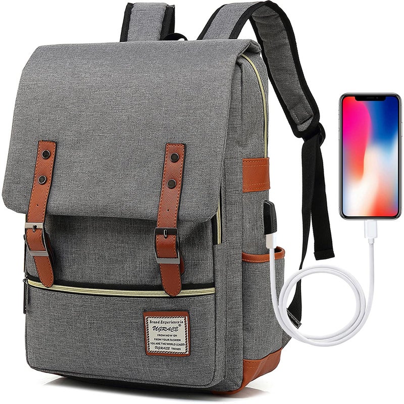 UGRACE حقيبة ظهر لابتوب UGRACE، رمادي، للجنسين، قسم لابتوب 15.6 بوصة، 6 أقسام، منفذ شحن USB، حزام كتف قابل للتعديل، حزام جلد PU - Image 1